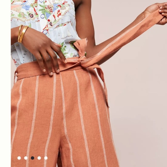 Anthropologie Pull On Belted Cropped Linen Blend Salmon / Cherry Stripe Pants - Picture 4 of 7